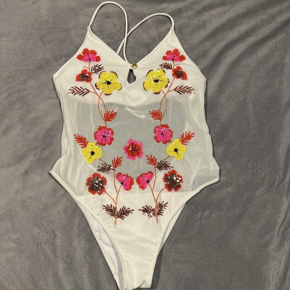 Venus White Sequin Floral Front Mesh One Piece Swimsuit Size 4 Bridal
